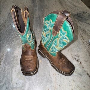 Georgia Boots 9.5 Toddler Kids Leather Brown Turquoise Western Cowboy Boots